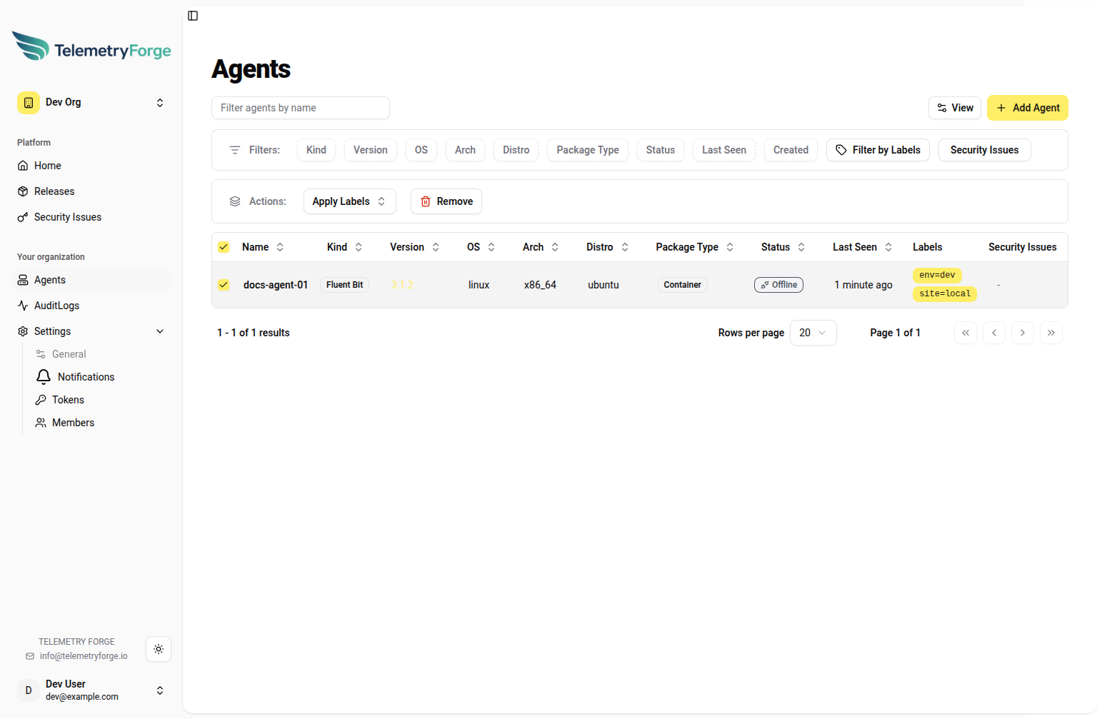 Bulk actions on Agents page